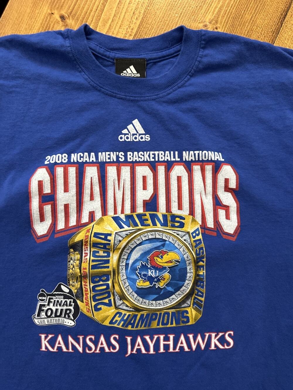 Adidas T-Shirt Blue Kansas Jayhawks 2008 NCAA Basketball Champions y2k Tee Large